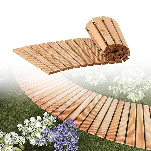 6FT Curved Wooden Garden Pathway Walkway Outdoor Roll Out Decorative Garden Non-Slip Patio Path Decorative Boardwalk Outdoor Road Floor for Backyard Beach Wedding Party