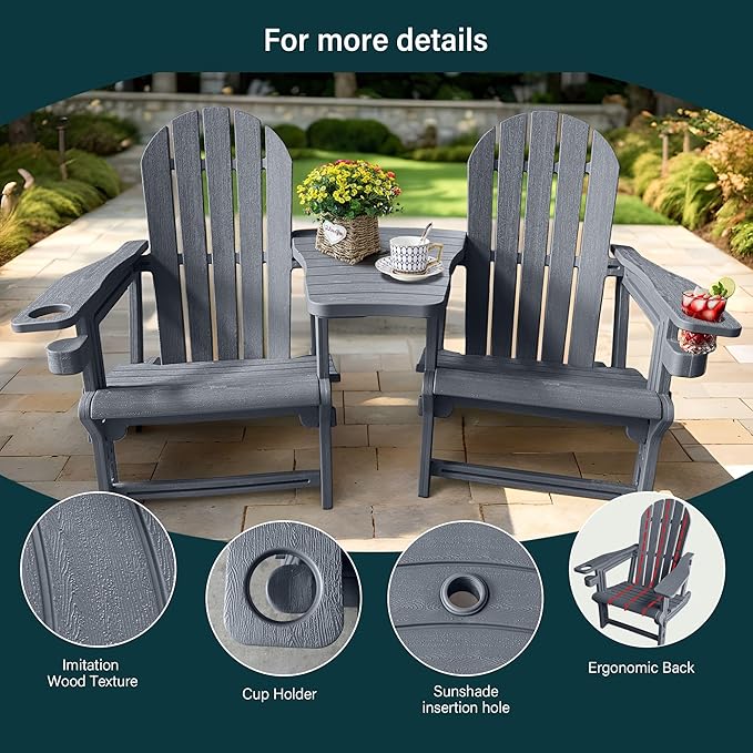 HDPE Adirondack Chairs Set of 2, All-Weather Patio Chairs,Wooden Textured Lawn Chair for Garden,Poolside, Backyard, Deck, Fire Pit,Grey