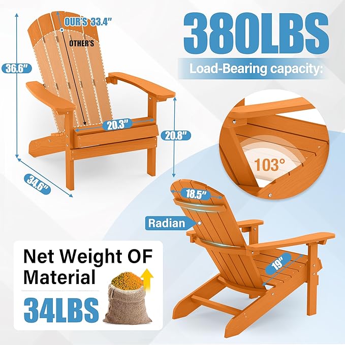 YEFU Adirondack Chairs Set of 2 Plastic Weather Resistant, Outdoor Chairs 5 Steps Easy Installation, Like Real Wood, Widely Used in Outdoor, Patio, Fire Pit, Deck, Outside, Garden Chairs (Tangerine)