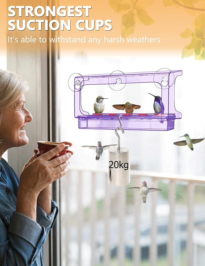 LUJII All One Piece Window Hummingbird Feeder with 5 Strongest Suction Cups, 20 fl.oz Hummer Feeder for Outside, Removable Lift-up Nectar Tray with 5 Feeding Ports, Gift for Bird Watcher (Purple)