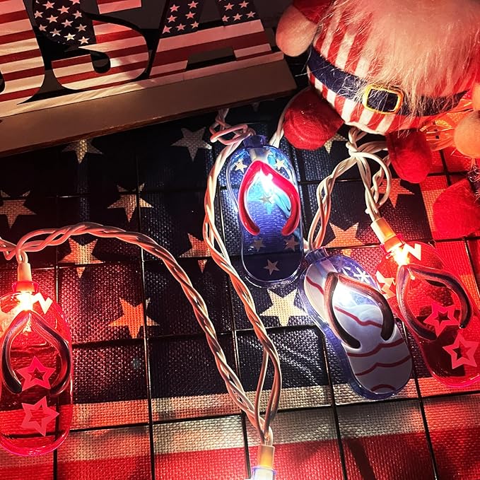 SUNSGNE 4th of July Decorations Lights 8.5FT Red White Blue String Lights, Indoor Beach Slipper Summer String Lights with 10 Slipper Lights for Patriotic Independence Day Outdoor Beach Party Decor