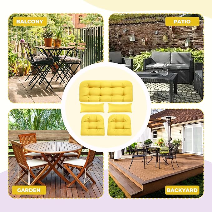 Wicker Chair Cushions of 5 Pieces, Waterproof Outdoor Loveseat Cushion for Wicker Furniture, 1 Love Seat Cushion, 2 U-Shape and 2 Lumbar Pillows for Patio Furniture (Yellow)