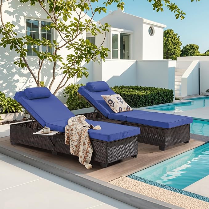Outdoor Lounge Chairs, Pool Lounge Chairs Set of 2, Outdoor Chaise Lounge with Adjustable Backrest & Cup Holder,Blue
