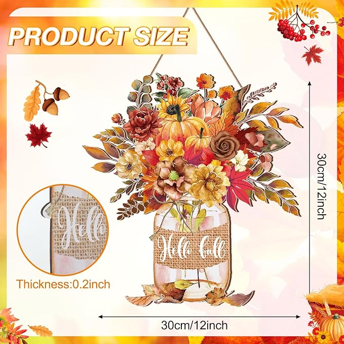 Boao Thanksgiving Welcome Door Sign Gnome Hanging Decor Fall Wooden Sign Autumn Door Decorations Pumpkin Maple Leaves Wood Hanger for Outdoor Farmhouse Front Porch