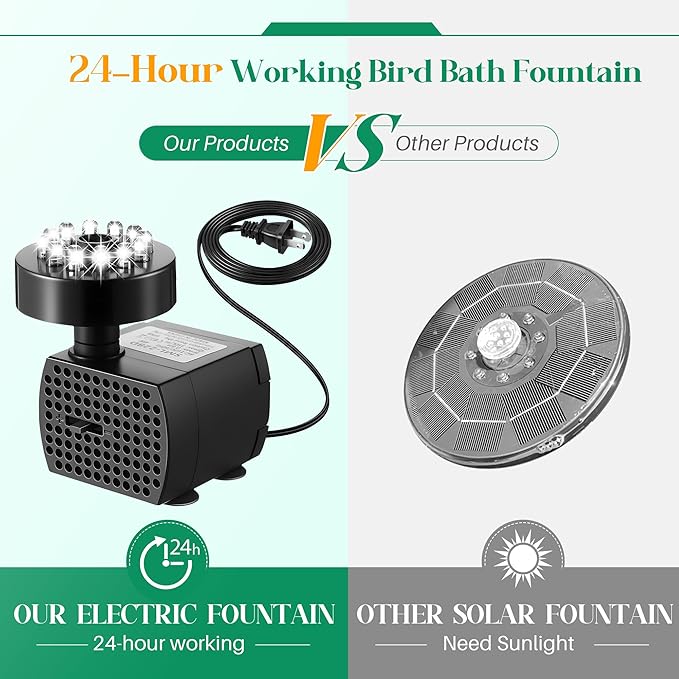 Bird Bath Fountains with 12 LED Lights, 24 Hour Working Fountain Pump with Light, Adjustable Watering Submersible Pump for Outdoor Water Garden, Pond(Cool White)