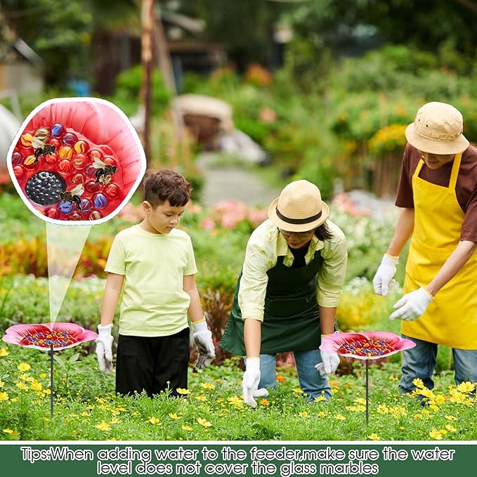 Tandefio Vivid Flower Bee Watering Station Metal Butterfly Water Feeder Cup with 30 Colorful Glass Marbles Bee Feeder Butterfly Bath Bowl for Garden Outdoor Yard Decors(Pink,Flower)