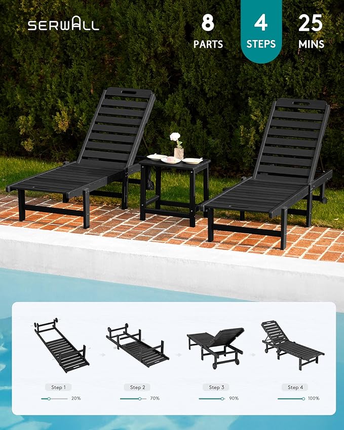 SERWALL Outdoor Chaise Lounge Set of 2 with 9FT Umbrella, HDPE Pool Lounge Chair with 5-Position Adjustable Backrest, Patio Lounger with Rolling Wheels & Cup Holder for Pool, Black