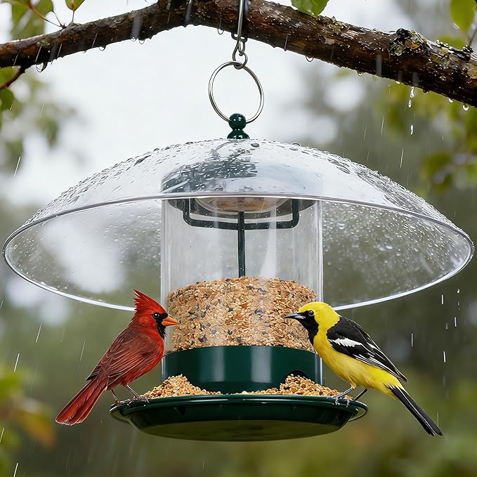 Metal Bird Feeder for Outdoor Hanging with 12” Weatherproof Dome, Weather Resistant Wild Bird Feeder with 360 Degree Feeding Tray, Green