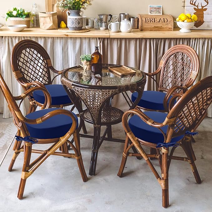 Outdoor Bistro Chair Cushions Set of 4, 15" D x 3" H Round Chair Cushions Waterproof and Fade Resistant Chair Cushion Pads with Non-Slip Ties and Removable Covers for Garden, Navy Blue