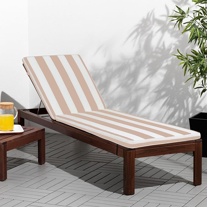 Outdoor Chaise Lounge Chair Cushions 2 Pack, Thick Waterproof Patio Pool Lounge Cushions, Fade Resistant, (Khaki & White Stripe)
