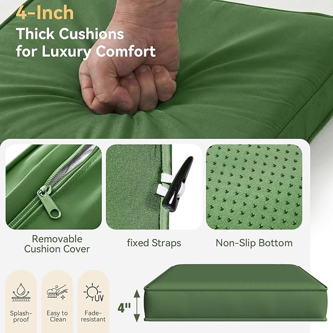 Aoxun Patio Furniture Cushions for Outdoor Furniture Set of 4, Thick Replacement Patio Couch Cushions for Outdoor Furniture, 7-Piece Splashproof Fade Resistant Outdoor Couch Cushions, Green