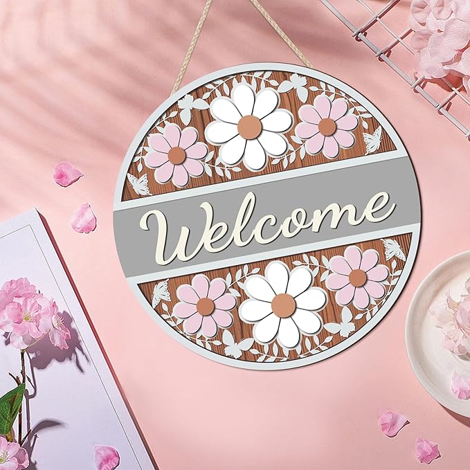 CHDITB 3D Flower Welcome Front Door Sign (12''x12''), Farmhouse Daisy Wooden Cutout Door Decor, Rustic Carved Welcome Spring Wall Hanging for Porch Garden Fence Flower Shop Decoration
