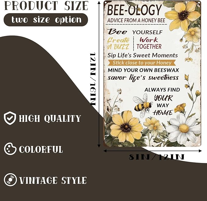 Vintage Garden Metal Tin Signs Bee-ology Advice from a honey Bee Funny Tin Sign Rustic Indoor Outdoor Wall Decor for Home Garden Yard Farmhouse Greenhouse Patio Porch Bar 12×16 Inch