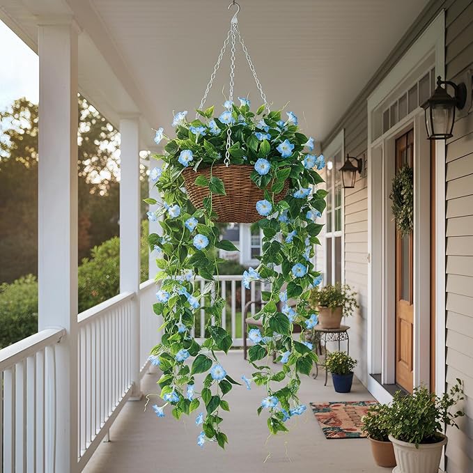GTIDEA 4Pcs Fake Vines 30Feet Artificial Hanging Morning Glory Flower Garland Blue Faux Vines for Outdoors for Wall Fence Indoor Wedding Decor