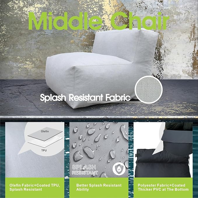 Patio Armless Chair, Outdoor Middle Bean Bag Chair, Daybed Sofa Comfy Couch, Modular Patio Sectional Sofa, Water-Resistant Olefin Fabric, High-Density Foam Filled, Comfy Lounge Seat, Light Gray