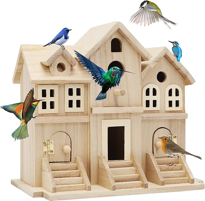 Lyfreen Paulownia Wood Bird House with Pole, Outdoor Hanging Birdhouse for Bluebirds, Wrens, Hummingbirds, Finches - Wooden Garden Bird House