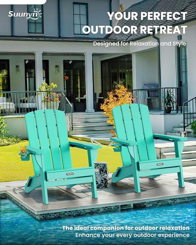 Folding Adirondack Chair 6 Pack, HDPE All-Weather Fire Pit Chairs, Plastic Adirondack Chairs with 2 Cup Holder, Outdoor Lawn Chair for Patio Garden (Lake Blue)