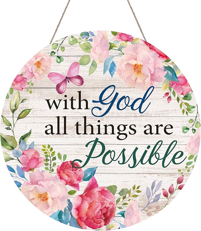 Spring Welcome Wreaths Sign Farmhouse Spring Door Hanger with God all Things are Possible Wall Sign Inspirational Hanging Decorations Religious Faith Decor Summer Flower Butterfly for Front Door