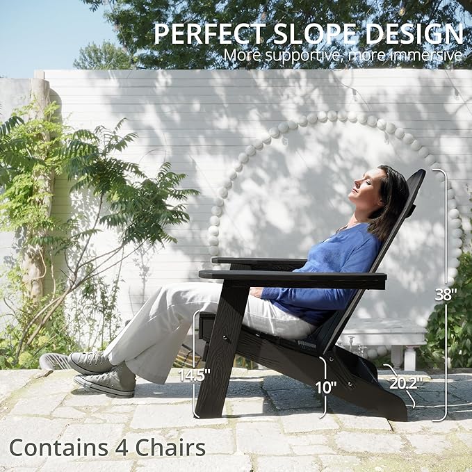 LUE BONA Folding Adirondack Chair Set of 4, Black HDPS Weather Resistant Outdoor Chair with Cup Holder for Patio Fire Pit Campground