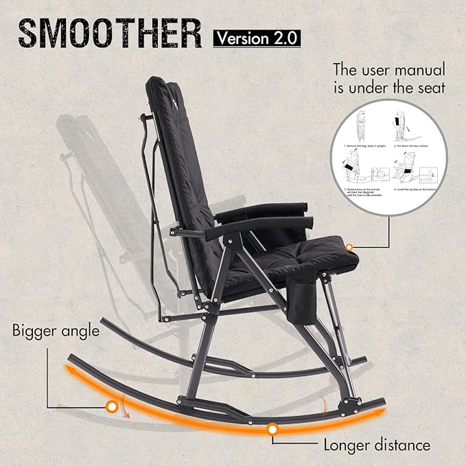 Portal Folding Rocking Camping Chair Outdoor - Thick Padded Rocking Recliner Chair Portable Camping Rocker for Patio Front Porch Backyard Lawn Living Room, Supports 400 LBS