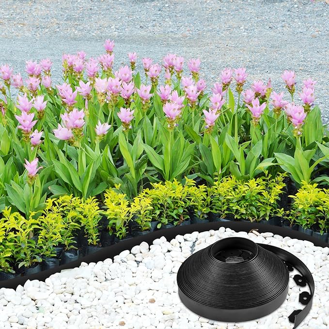 Sasylvia 1.7'' x 200' Landscape Edging Kit Edging Border Coil Include 120 Anchoring Spikes 10 Connectors Plastic Garden Border for Lawn Garden Grass Yard Home(Black)