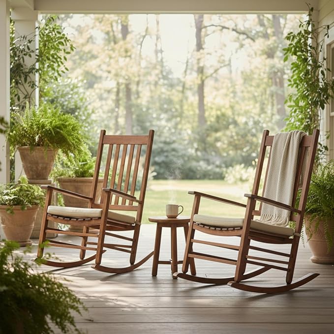 Shine Company Weather-Resistant Outdoor Rocking Chair Seat Cushions, 22"x20", Performance Fabric with Foam Core, Removable Cover with Ties, Set of 2, Khaki