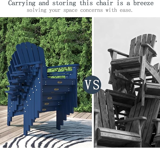 Stackable Adirondack Chair Set of 4, HDPE All-Weather Adirondack Chairs - Durable and Space Saving, Plastic Outdoor Fire Pit Chairs with Cup Holder,Navy Blue