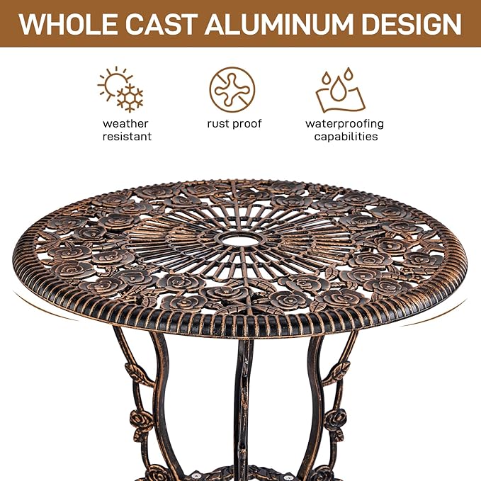 VINGLI 3 PCS Outdoor Bistro Set, Outdoor Patio Set, All-Weather Cast Aluminum Bistro Table Set, Bistro Table and Chairs Set of 2 for Backyard, Garden, Balcony (Bronze, Rose)