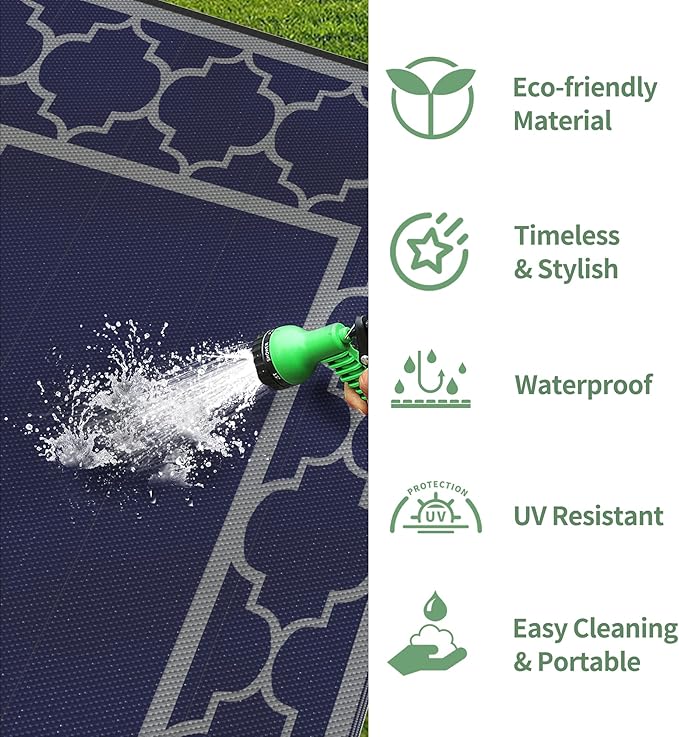 GENIMO 10 'x10 ' Outdoor Rug for Patio Clearance, Waterproof Indoor Outdoor Plastic Straw Rugs Carpet, Reversible Outside Area Rv Mat for Camping, Balcony Porch, Deck, Picnic, Beach (Blue & Grey)