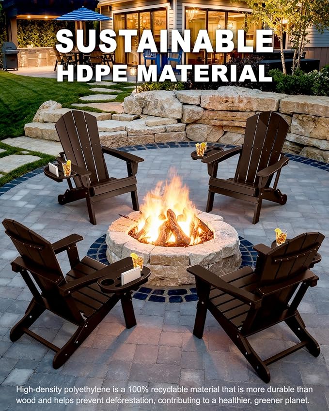 Adirondack Chair Set of 8, HDPE Folding Adirondack Chair with Multifunctional Cup Holder, Weather Resistant Fire Pit Chair for porches, patios, poolsides, Decks.