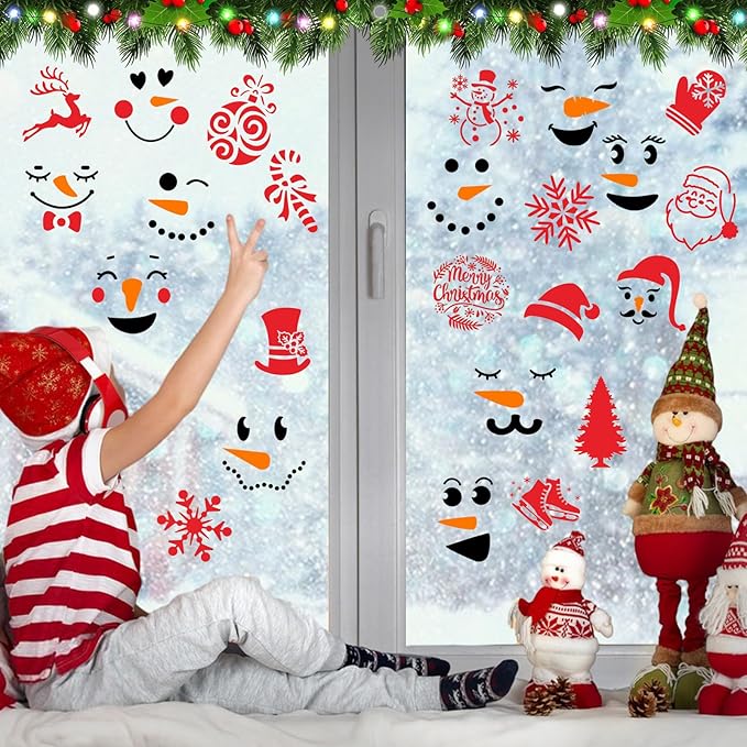 Augshy Christmas Snowman Face Stencils, 56 Pack Reusable Plastic Drawing Template for Scrapbooking Drawing Wall Floor Decor DIY Rock Painting Art Projects (3 Inch)