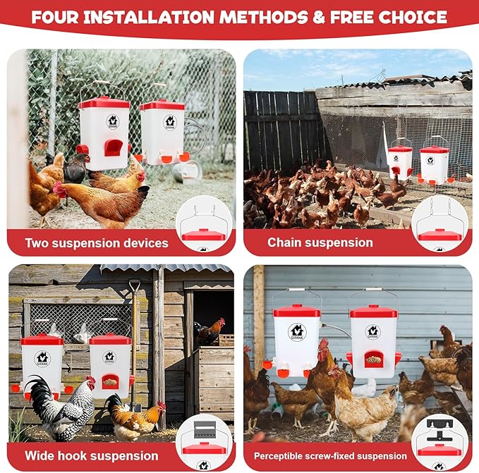 Automatic Chicken Feeder and Waterer Set Hanging Chicken Waterer 3 Gallon Poultry Water Feeder with Nipples and Feeding Ports No Waste,Chicken Coop Accessories
