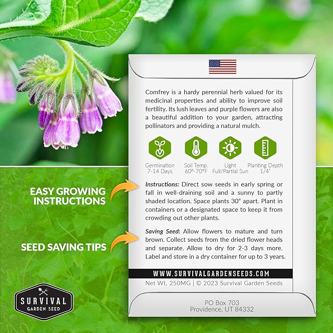 Comfrey Seeds for Planting - Symphytum Officinale Medicinal Perennial Herb for Compost Tea & Natural Skincare - True Slippery Root Non-GMO Heirloom - Survival Garden Seeds (2 Pack)