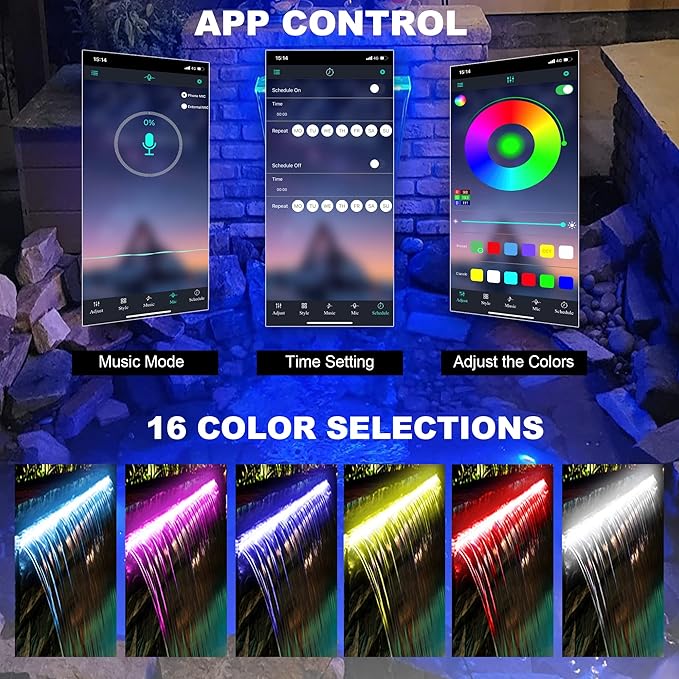 PONDO Pool Waterfall 36" APP with 16 Colors LED Lights, Stainless Steel Pond Fountain Set for Outdoor Decorations, Patio Waterfall Spillway Kit on The Wall for Garden, Easy Installation