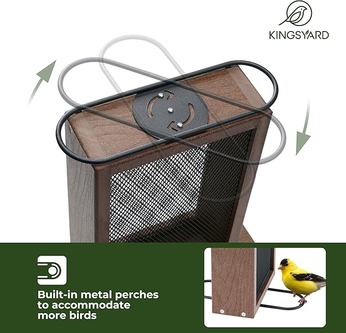 Kingsyard Finch Feeder for Outside Hanging, Metal Mesh Bird Feeders for Thistle/Nyjer Seed, Sliding Mesh & Built-in Perch, Recycled Plastic, Brown