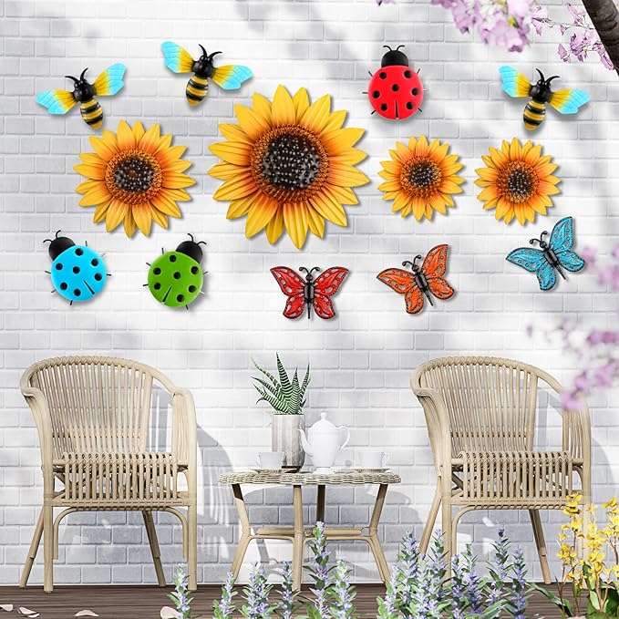 Sweetude 12 Pcs Metal Sunflower Wall Decor Colorful Metal Dragonfly Butterfly Outdoor Decor Garden Fence Patio Yard Flowers Wall Art Summer Flowers Hanging for Home VBS 2025(Novelty Style)