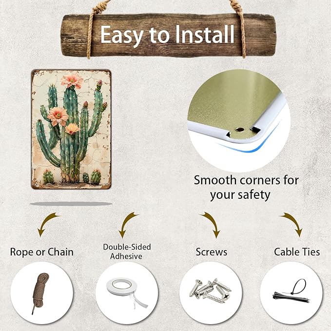 Vintage Tin Sign Cactus Wall Art Cacti Art Wall Sign Decor for Home Kitchen Garage Outdoor Yard Farmhouse 12x8 Inch