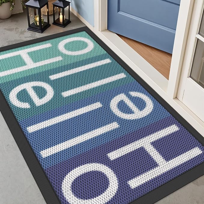 LUMI Outside Welcome Door Mat 24x36, Non Slip Durable Rubber Entrance Doormat, Low Profile Easy Clean Mats for Front Back Door Entryway Porch Garage, Hello Multi