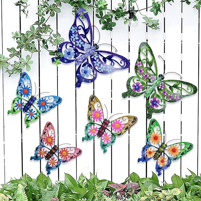 SUNREEK 6Pcs Metal Butterfly Wall Decor, 14Inch/9Inch Outdoor Butterfly Wall Art for Fence Garden Yard Room Patio Balcony Decorations
