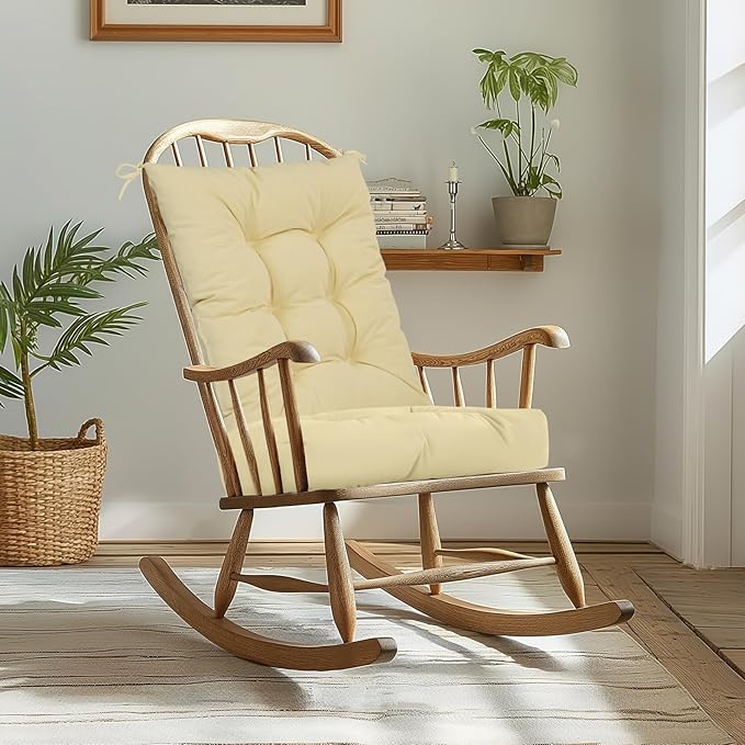 mudilun Rocking Chair Cushion Non-Slip Tufted Indoor/Outdoor Rocking Chair Cushions 80% Water Proof with Straps for Living Room Baby Room Garden High Back Rocking Chair Pads (Beige)