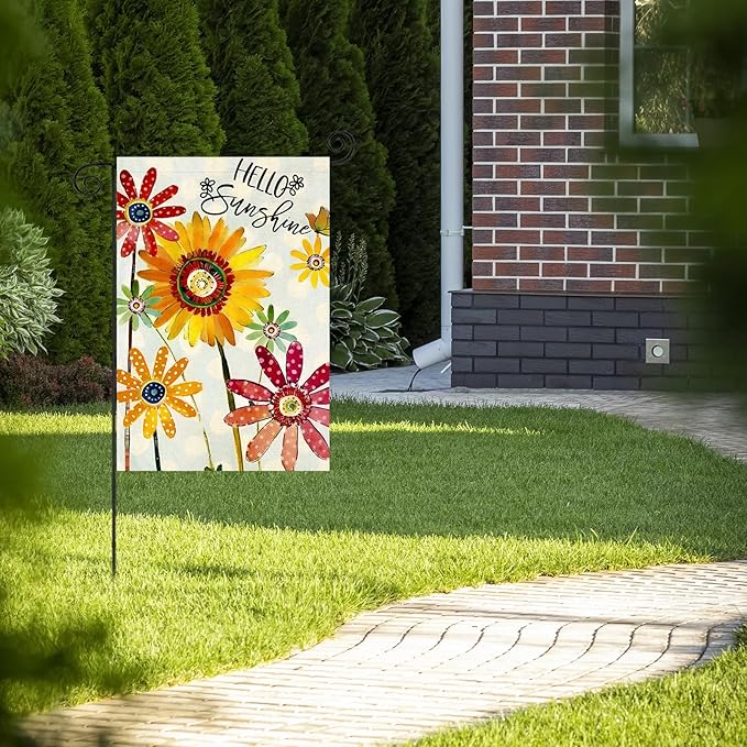 Spring Flowers Garden Flag 12x18 Inch Double Sided,Hello Sunshine Sunflower Daisy Small Yard Flags for Outdoor,Summer Seasonal Decoration for Farmhouse Holiday Outside