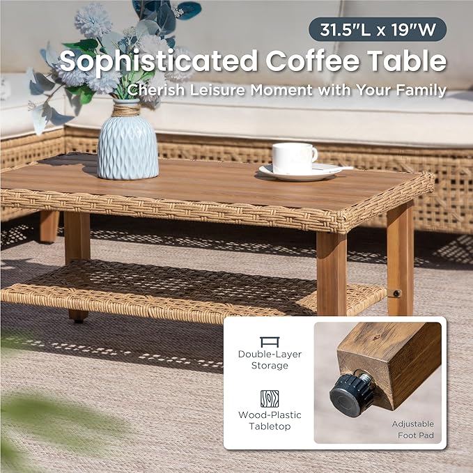 PHI VILLA Sectional Outdoor Couch, Small Patio Furniture Set with Cushions and Acacia Wood Coffee Table, L-Shaped Wicker Outdoor Sofa for Deck or Porch, 4 Seats, Beige