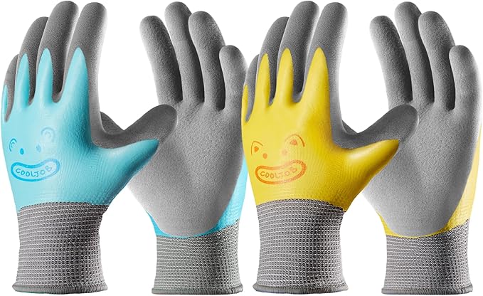 COOLJOB 2 Pairs Waterproof Kids Gardening Gloves for Age 8-10, Non-slip Double-layer Rubber Coating,Children Grippy Breathable Toddler Garden Work Gloves, Blue & Yellow, Large