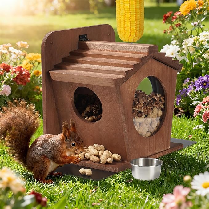 Wood Squirrel Feeder, Durable Hanging Squirrel Boxes for Outside Large Capacity Outdoor Squirrel House for Corn Cobs, Peanuts & Nuts - Funny Feeding Station for Squirrels & Chipmunks