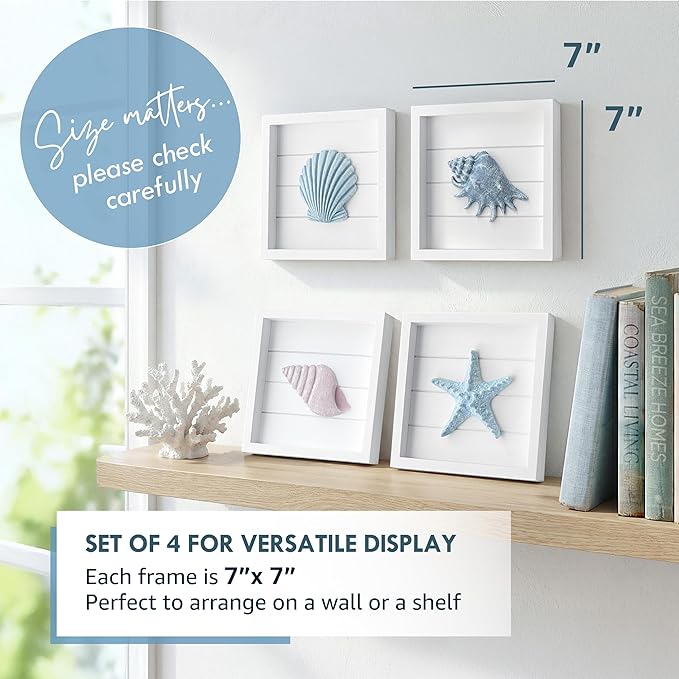 Tide and Tales 3D Seashells & Starfish Coastal Wall Art Decor (Framed Set of 4) Beach Wall Decor for Bathroom or Coastal Bedroom - Ocean Inspired Seaside Decorations for Home or Beach House (7"x7")
