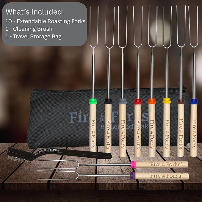 Fire Forks by LegendPeak - Marshmallow Roasting Sticks | 32” Extendable Skewers w/Color-Coded Handles, Safe Flat Tips, Cleaning Brush & Travel Bag for Campfire, Fire Pit, BBQ, S’mores (10 Pack)