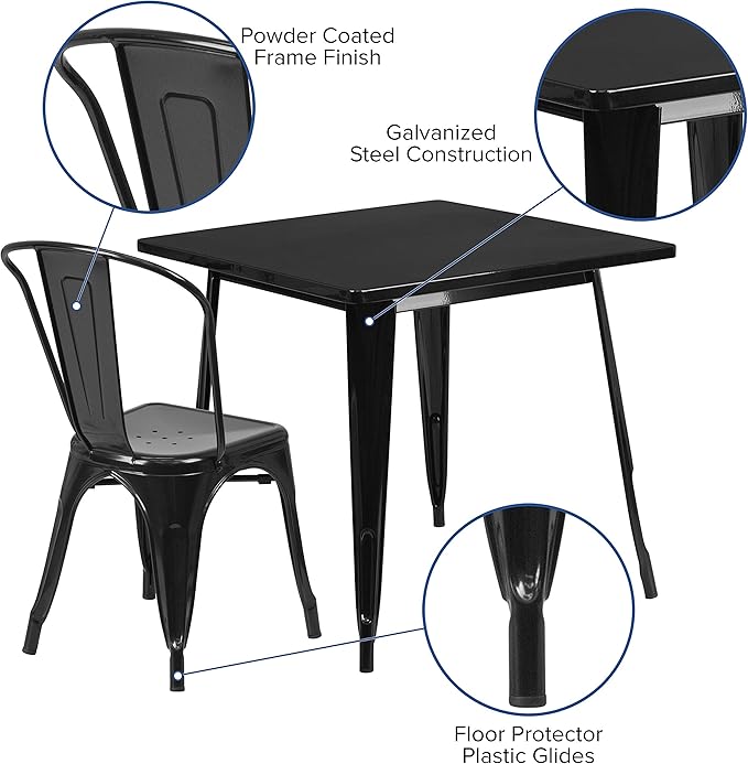 EMMA + OLIVER Commercial 31.5" Square Black Metal Indoor-Outdoor Table Set-4 Stack Chairs