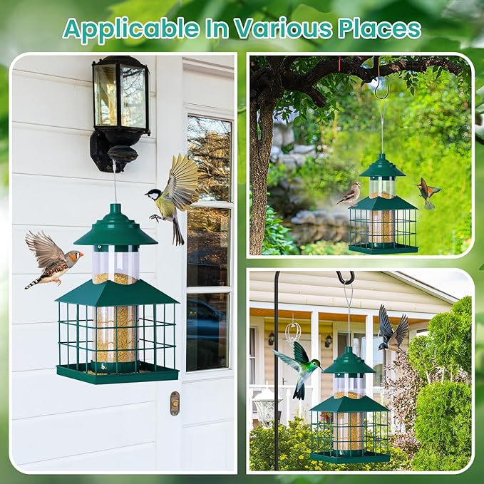 Hanging Bird Feeders for Outdoors, Maansfy Squirrel Proof Large Bird Cage Feeders Metal Wild Birdfeeder for Outside Weatherproof Finch Cardinal Bird Seed Feeder 3.4LB Capacity