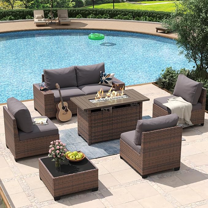 Aoxun 7 Piece Patio Furniture Set with Wide Armrests & 44” Fire Pit Table Wicker Rattan Outdoor Sectional Sofa Set with Coffee Table and Thickened Cushions, Brown/Gray(Waterproof Cover Included)