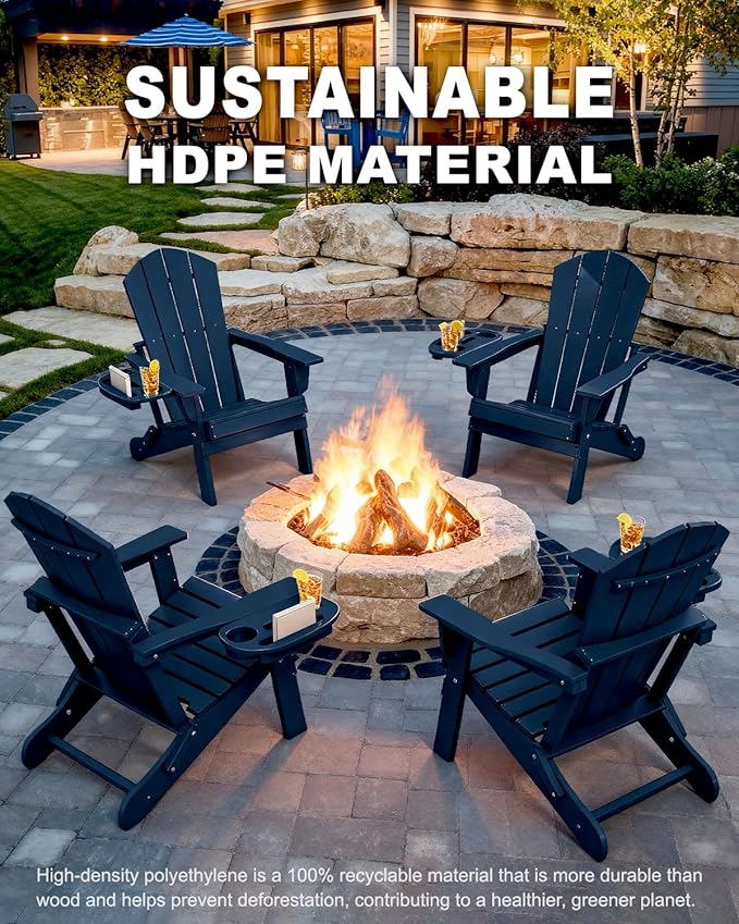 Adirondack Chair Set of 8, HDPE Folding Adirondack Chair with Multifunctional Cup Holder, Weather Resistant Fire Pit Chair for porches, patios, poolsides, Decks.